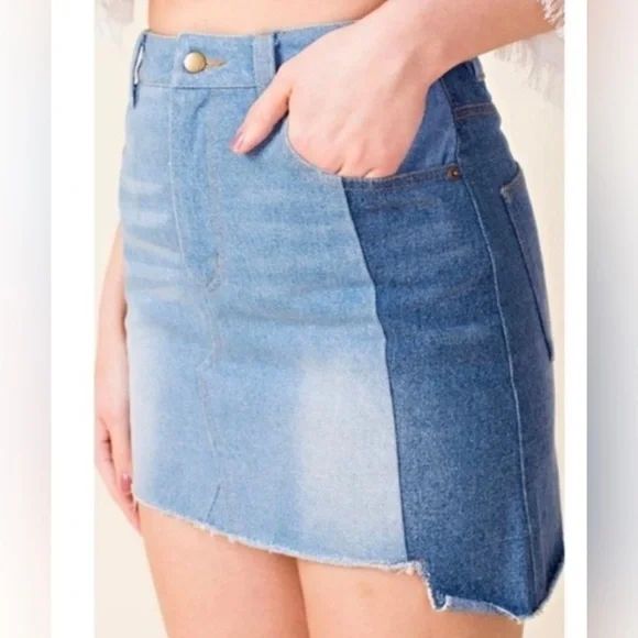 Wild Honey Two Tone Step Hem Denim Mini Skirt Raw Hem Blue Jean Size M Medium - Picture 3 of 9